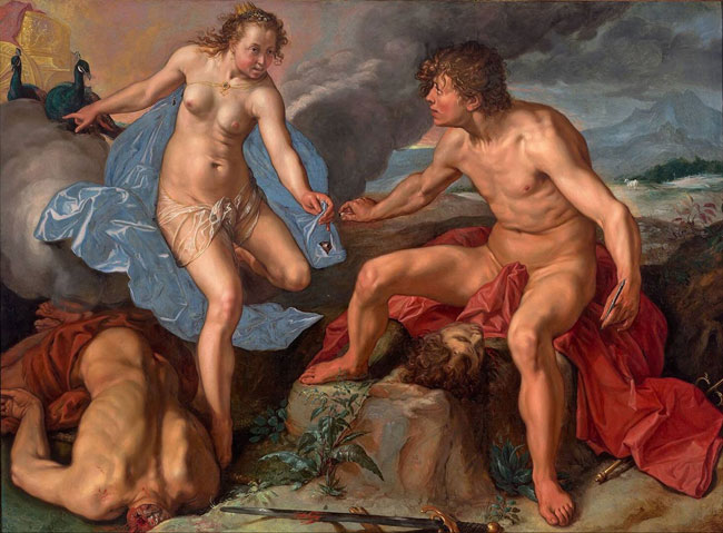 Hendrick Goltzius, <em>Juno Receiving the Eyes of Argus from Mercury,</em> 1615.