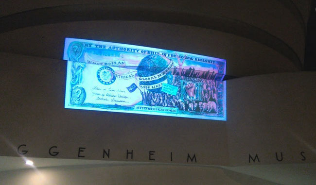 An illumination action targets the facade of the Guggenheim Museum on March 24, 2014.