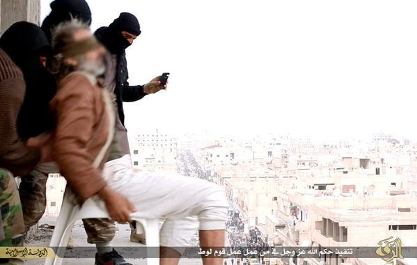 Still from video released by ISIS of a man being thrown off a building for committing the crime of being a homosexual, January 2015.