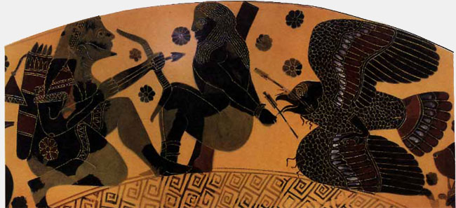 Heracles frees the Titan Prometheus from the eaglet tormentor. Attributed to the Nettos Painter, Athens, 6th–7th century BC.