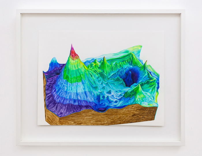 Emre Hüner, <em>Oscillating Elevations Erupting Depths</em>, 2013.  Color pencil on paper, 42.5 x 52.8 cm. Photo: Ridvan Bayrakoglu. Image courtesy of Rodeo.