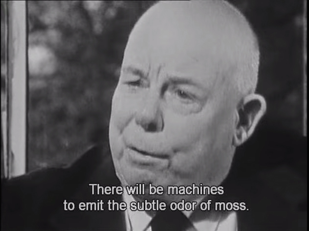 Jean Renoir reflects on progress and technology in the filmed interview <em>Jean Renoir Discusses His Art</em> (Jean Renoir parle de son art: Entretien avec Jacques Rivette), 1961.